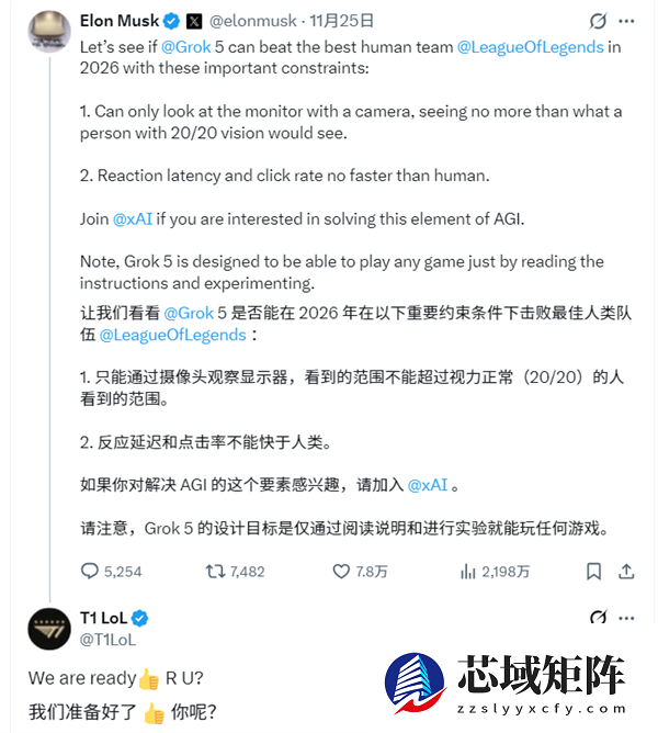 AI挑战世界最强LOL战队：T1答应与马斯克Grok 5对战！