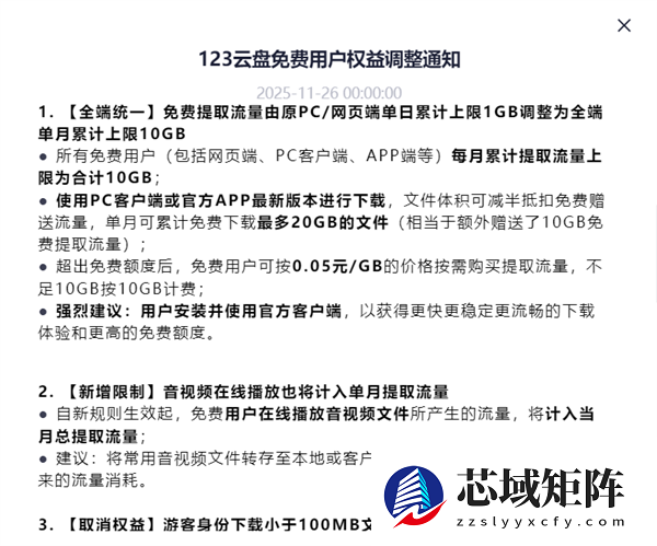 123云盘调整免费用户权益：提取流量缩水至10GB，下载需登录或付费