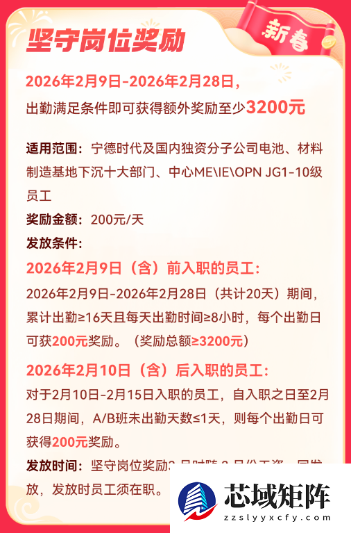 宁德时代发布最新奖励政策：春节坚守岗位可获3200元奖励