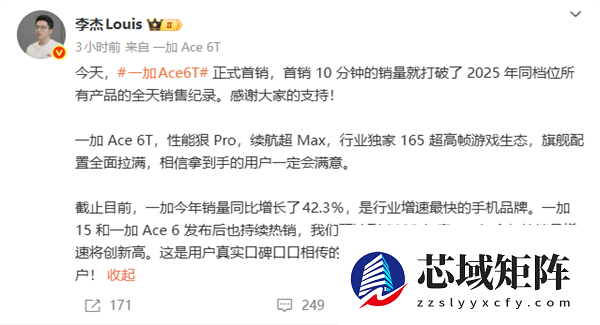 一加Ace 6T首销10分钟卖爆！打破今年同档机型全天销售纪录