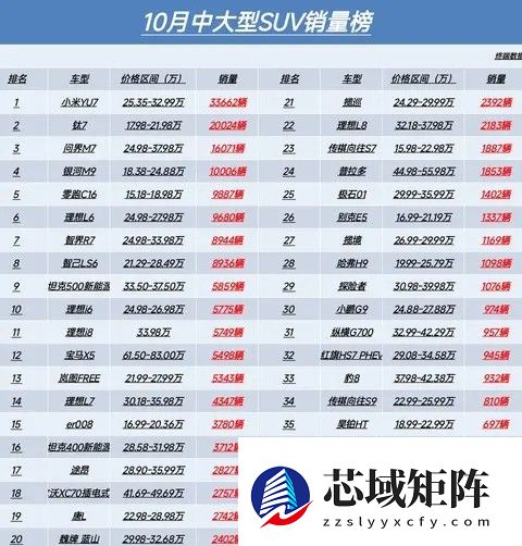 2025年10月中大型SUV销量榜：银河M9破万辆，理想双车进前八