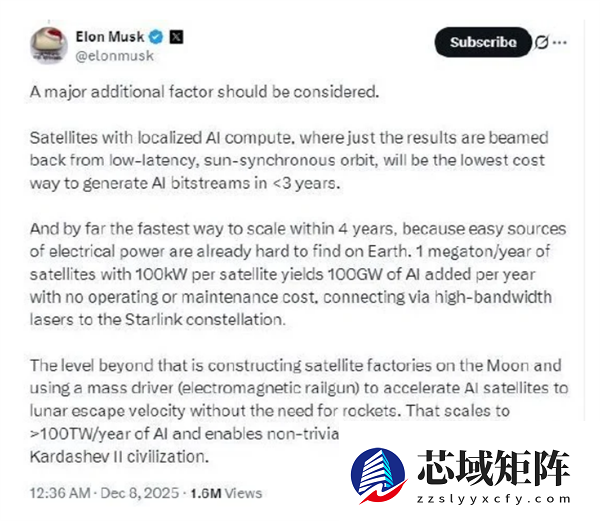 马斯克谈每年发射100万吨AI卫星：大规模运行AI最低成本方式