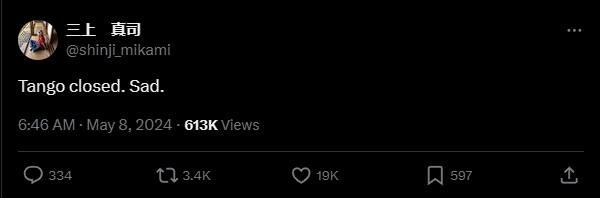 三上真司回应Tango工作室关闭：令人伤心
