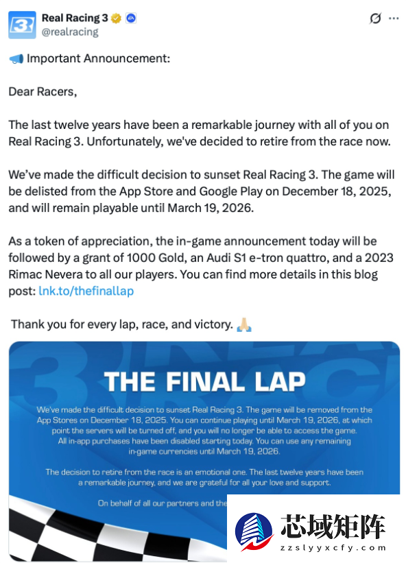 12年运营落幕：EA手游《真实赛车3》明年3月19日关服