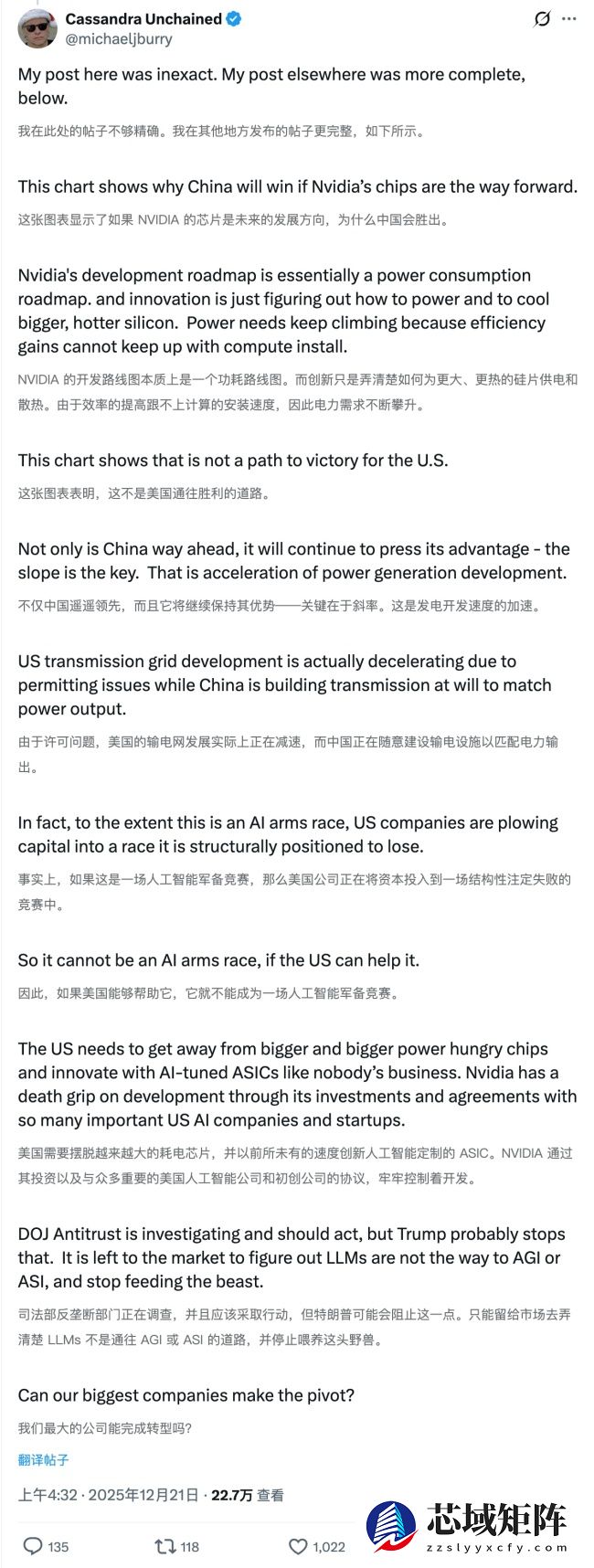 “大空头”伯里：英伟达“制造高功耗 GPU 战略”或使中国在 AI 竞赛中领先美国