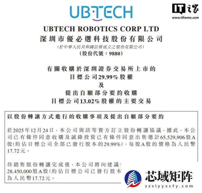 重回 A 股？优必选宣布拟以 16.65 亿元收购浙江锋龙 43.01% 股份