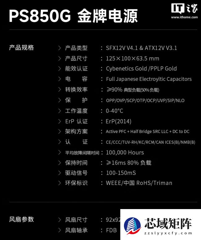 九州风神上架 PSG 系列 SFX 金牌全模组电源：提供 650W-850W 可选，599 元起