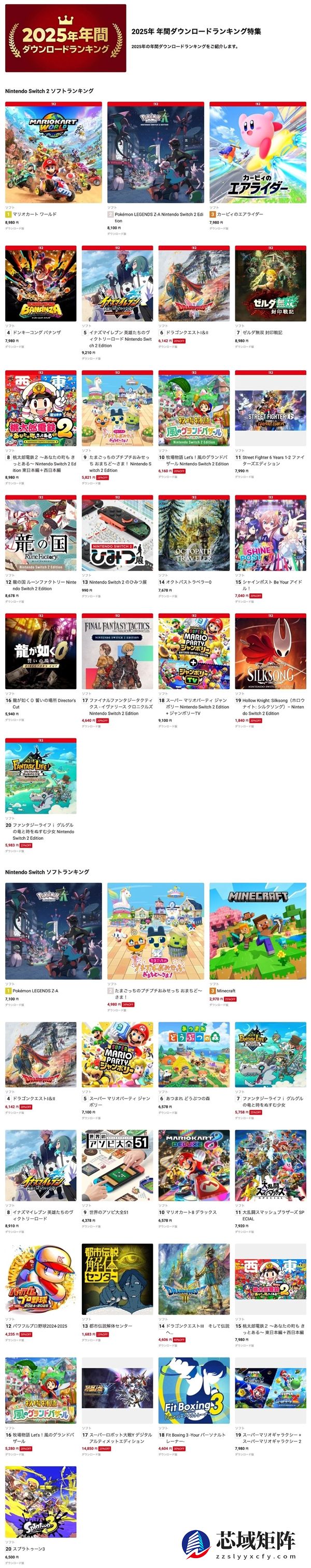 Switch 2游戏2025年度下载榜出炉：第一毫无悬念
