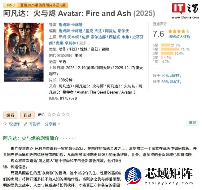 科幻电影《阿凡达 3》上映 10 天，总票房破 7 亿