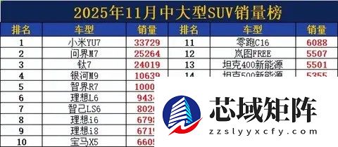 2025年11月中大型SUV销量榜：小米YU7领跑，新势力崛起竞争加剧