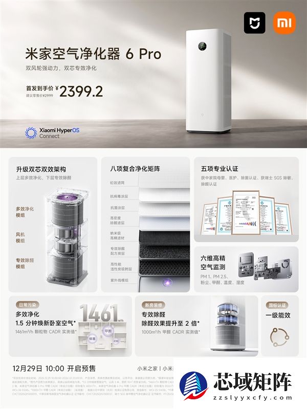 首发2399元！小米米家空气净化器6 Pro发布：双滤芯、除醛率99%