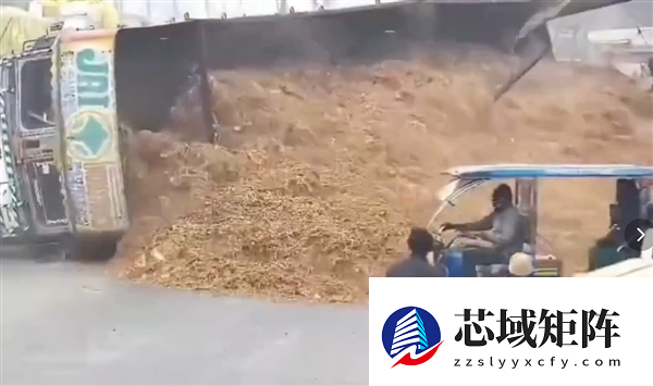 印度一满载大货车遭SUV强挤：避让时爆胎倾倒将其压扁