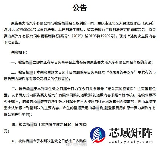 赛力斯维权胜诉 博主判赔3万元拒不执行被限高