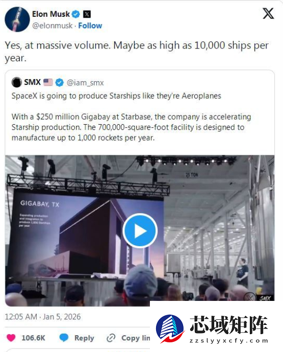 马斯克提出终极目标：每年生产1万艘星舰飞船