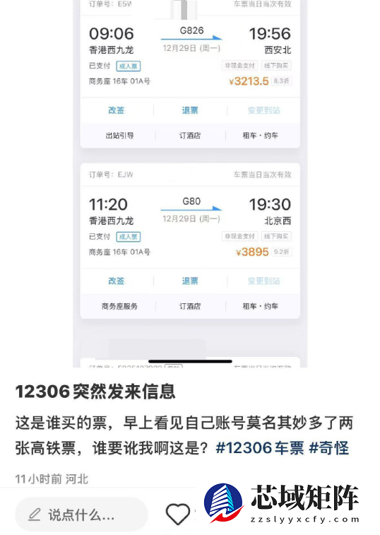 河北网友12306账户突现两张未购高铁票