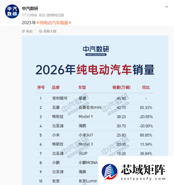 吉利星愿获得2025年纯电动汽车销量冠军 Model Y第三