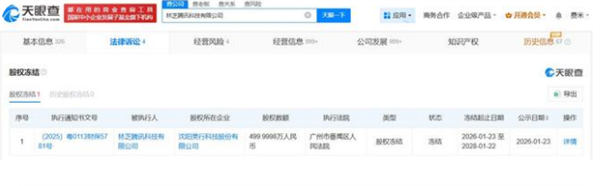 腾讯旗下公司所持499万股权被冻结：期限为2年