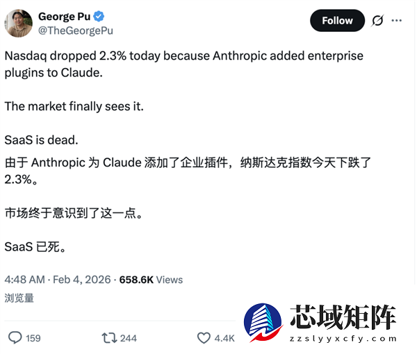 Claude一个插件吓哭华尔街 软件公司集体暴跌 2万亿元一日蒸发