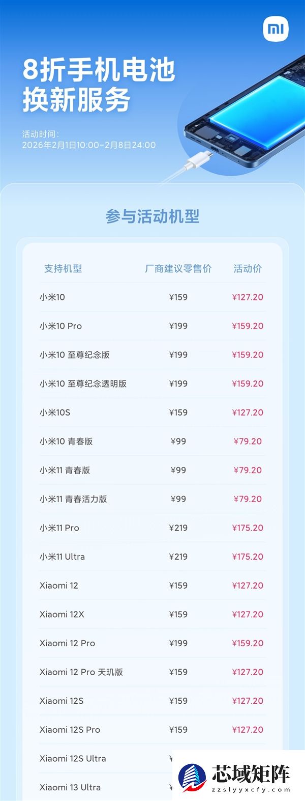 老旗舰满血复活 小米2月8折换电池来了：支持70款机型 6年前的小米10也有份