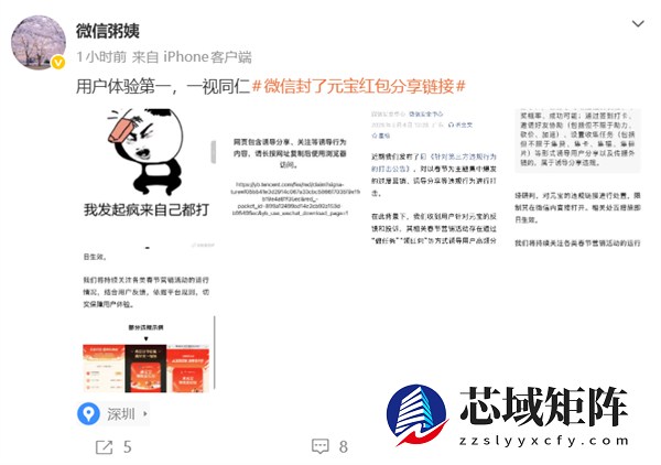 微信屏蔽元宝红包分享链接 微信公关总监配图回应：我疯起来自己都打