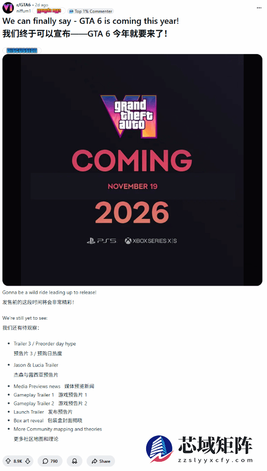 网游新闻GTA6_GTA6或将于2026年11月19日发售，玩家期待与延期猜测并存